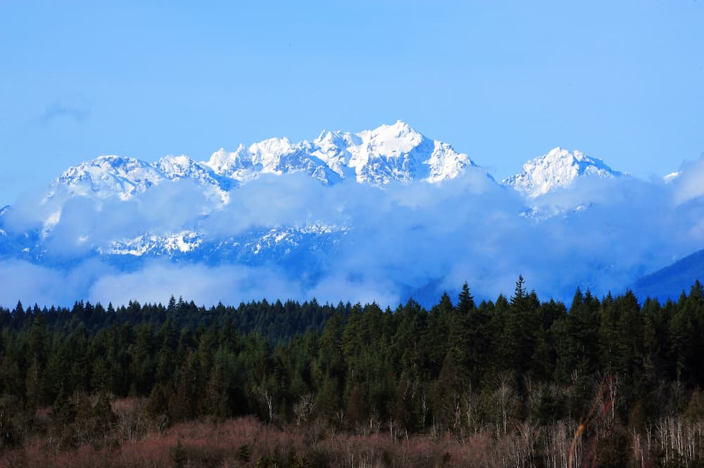 The Olympic Mountains in winter, viewed from the Clear Creek Trail in Silverdale, Washington